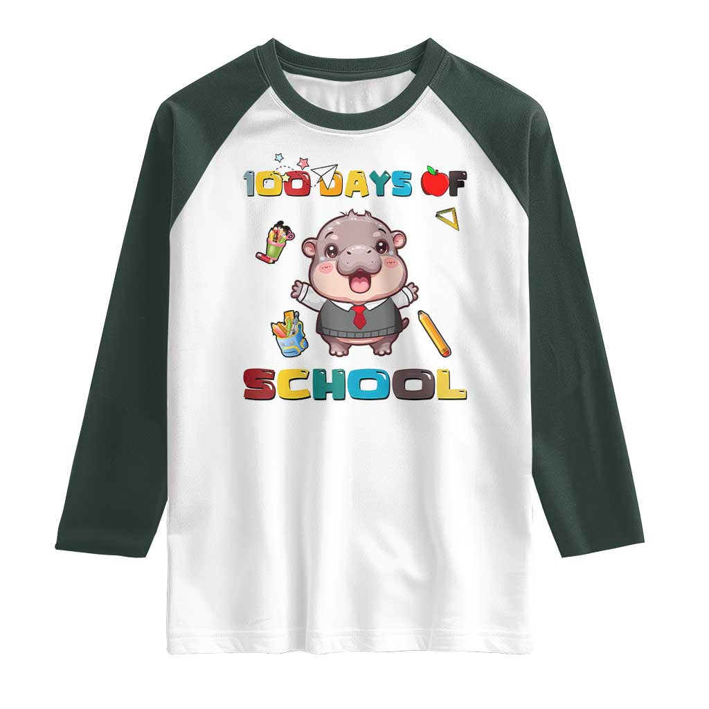 Moo Deng 100th Day Of School Raglan Shirt Cute Baby Hippo 100 Days TS09 White Dark Forest Green Print Your Wear