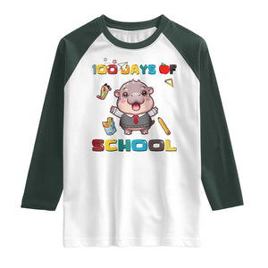 Moo Deng 100th Day Of School Raglan Shirt Cute Baby Hippo 100 Days TS09 White Dark Forest Green Print Your Wear
