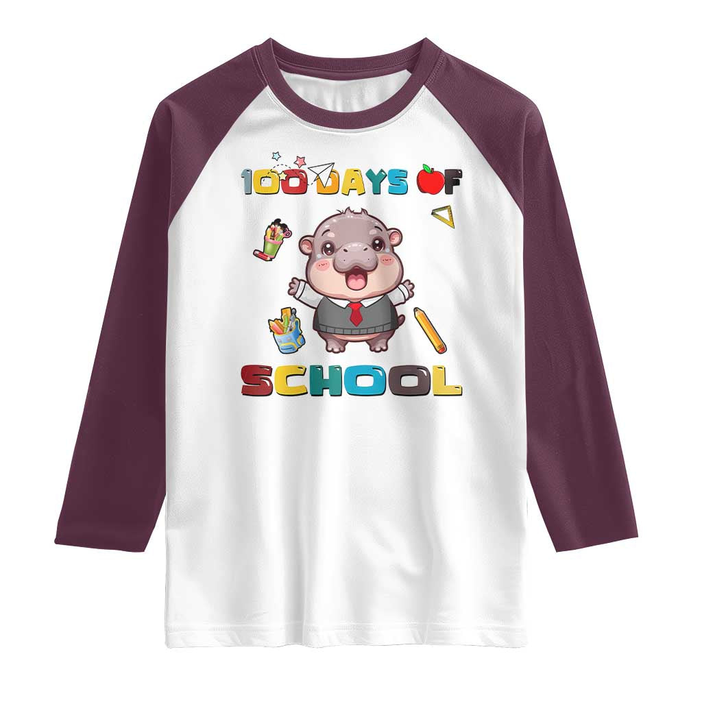 Moo Deng 100th Day Of School Raglan Shirt Cute Baby Hippo 100 Days TS09 White Maroon Print Your Wear