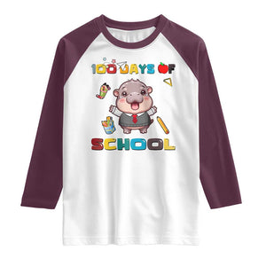 Moo Deng 100th Day Of School Raglan Shirt Cute Baby Hippo 100 Days TS09 White Maroon Print Your Wear