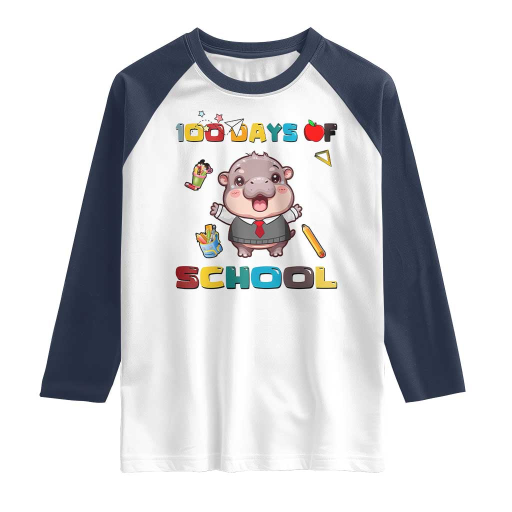 Moo Deng 100th Day Of School Raglan Shirt Cute Baby Hippo 100 Days TS09 White Navy Print Your Wear