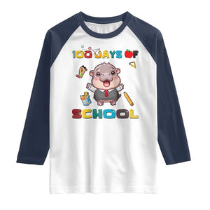 Moo Deng 100th Day Of School Raglan Shirt Cute Baby Hippo 100 Days TS09 White Navy Print Your Wear