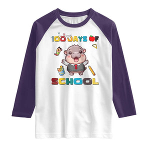Moo Deng 100th Day Of School Raglan Shirt Cute Baby Hippo 100 Days TS09 White Purple Print Your Wear