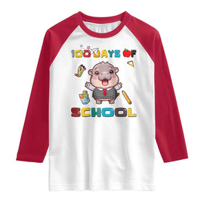 Moo Deng 100th Day Of School Raglan Shirt Cute Baby Hippo 100 Days TS09 White Red Print Your Wear
