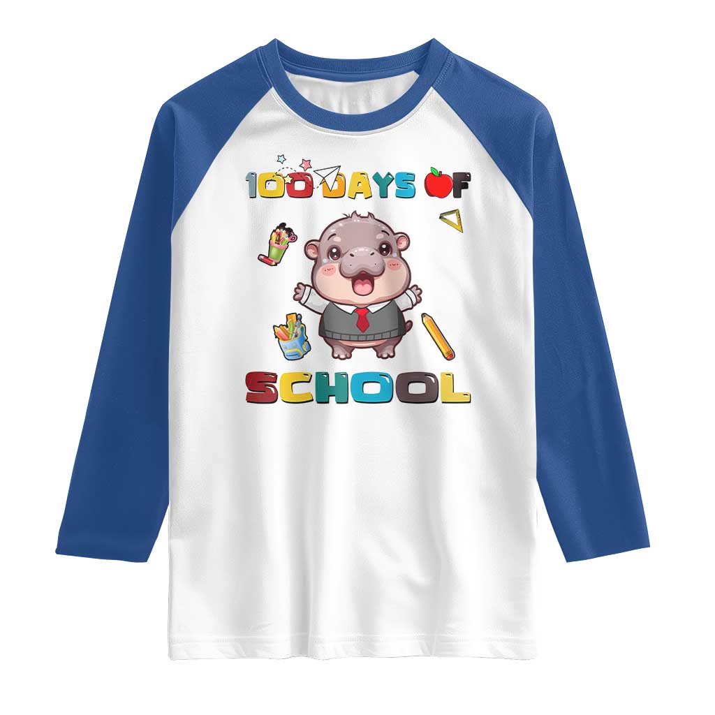 Moo Deng 100th Day Of School Raglan Shirt Cute Baby Hippo 100 Days TS09 White Royal Print Your Wear