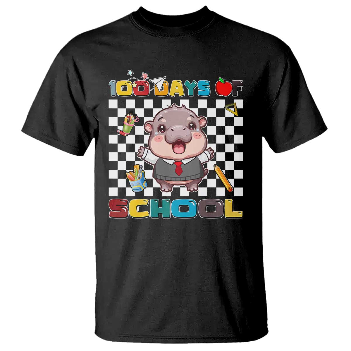 Moo Deng 100th Day Of School T Shirt Cute Baby Hippo 100 Days TS09 Black Print Your Wear