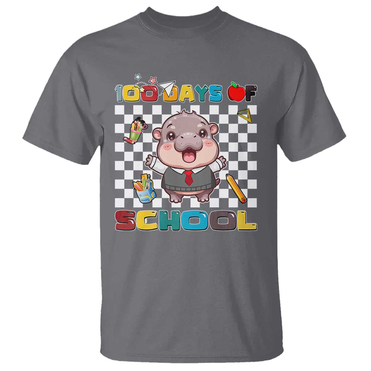 Moo Deng 100th Day Of School T Shirt Cute Baby Hippo 100 Days TS09 Charcoal Print Your Wear