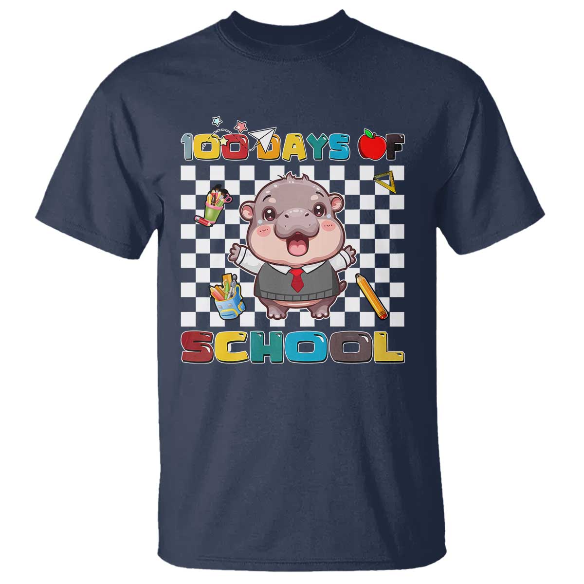 Moo Deng 100th Day Of School T Shirt Cute Baby Hippo 100 Days TS09 Navy Print Your Wear