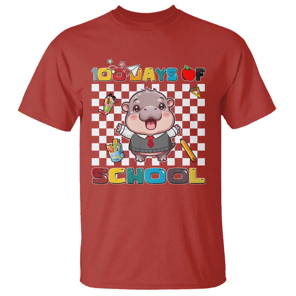 Moo Deng 100th Day Of School T Shirt Cute Baby Hippo 100 Days TS09 Red Print Your Wear