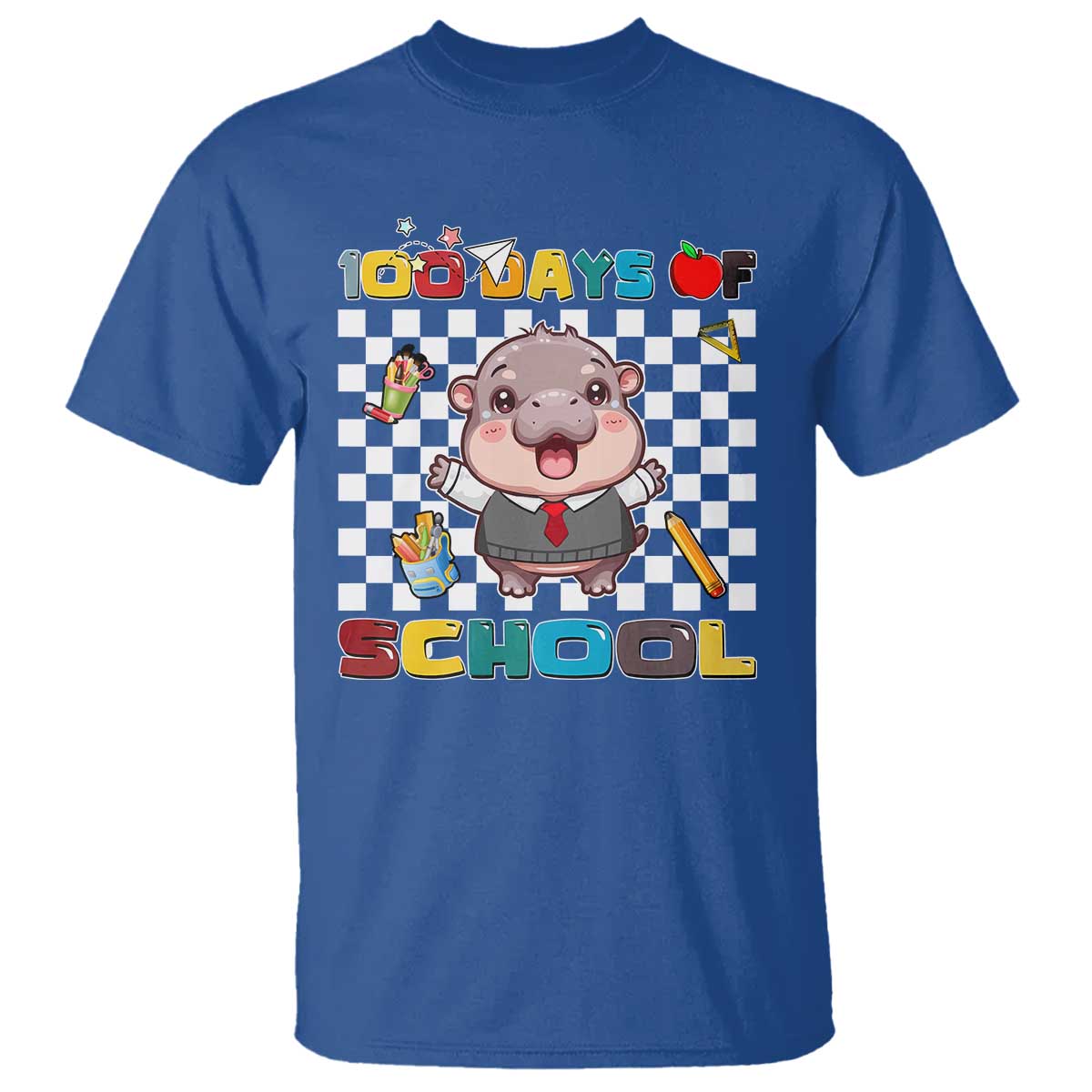 Moo Deng 100th Day Of School T Shirt Cute Baby Hippo 100 Days TS09 Royal Blue Print Your Wear