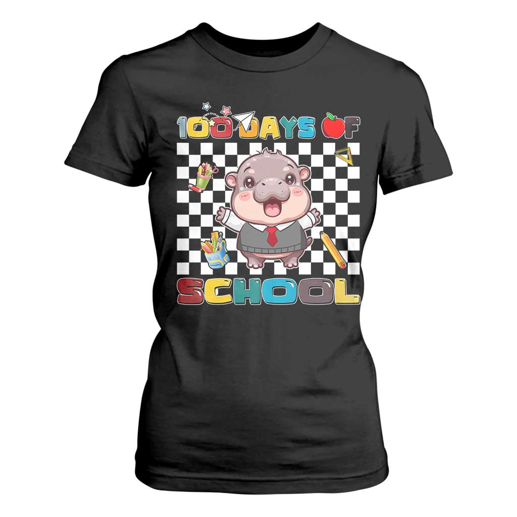 Moo Deng 100th Day Of School T Shirt For Women Cute Baby Hippo 100 Days TS09 Black Print Your Wear