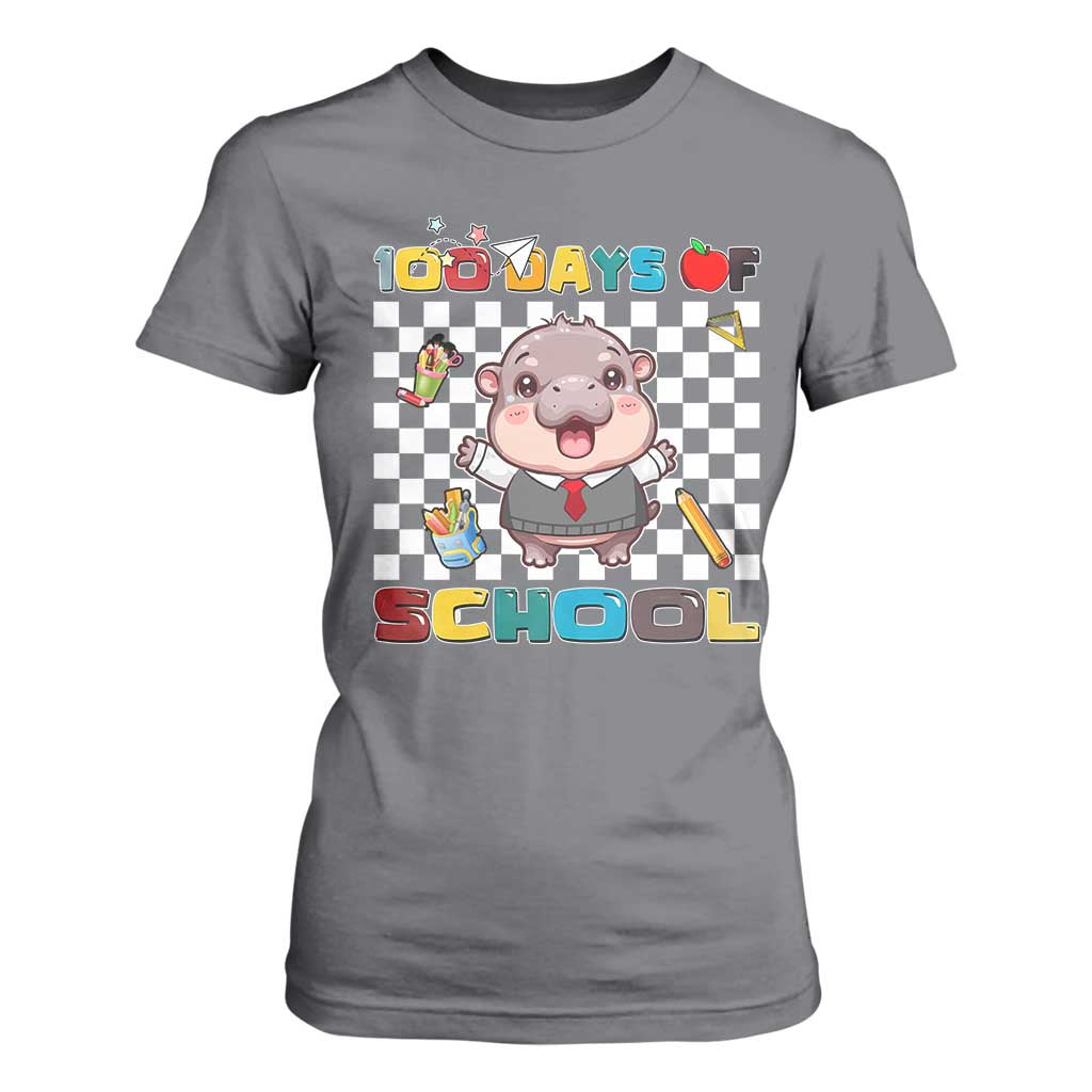 Moo Deng 100th Day Of School T Shirt For Women Cute Baby Hippo 100 Days TS09 Charcoal Print Your Wear
