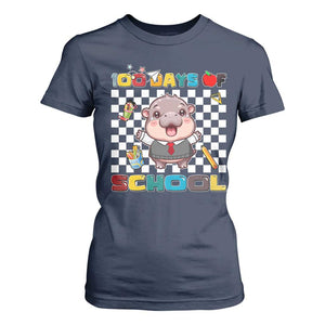Moo Deng 100th Day Of School T Shirt For Women Cute Baby Hippo 100 Days TS09 Navy Print Your Wear