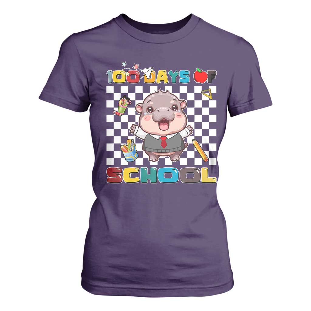 Moo Deng 100th Day Of School T Shirt For Women Cute Baby Hippo 100 Days TS09 Purple Print Your Wear