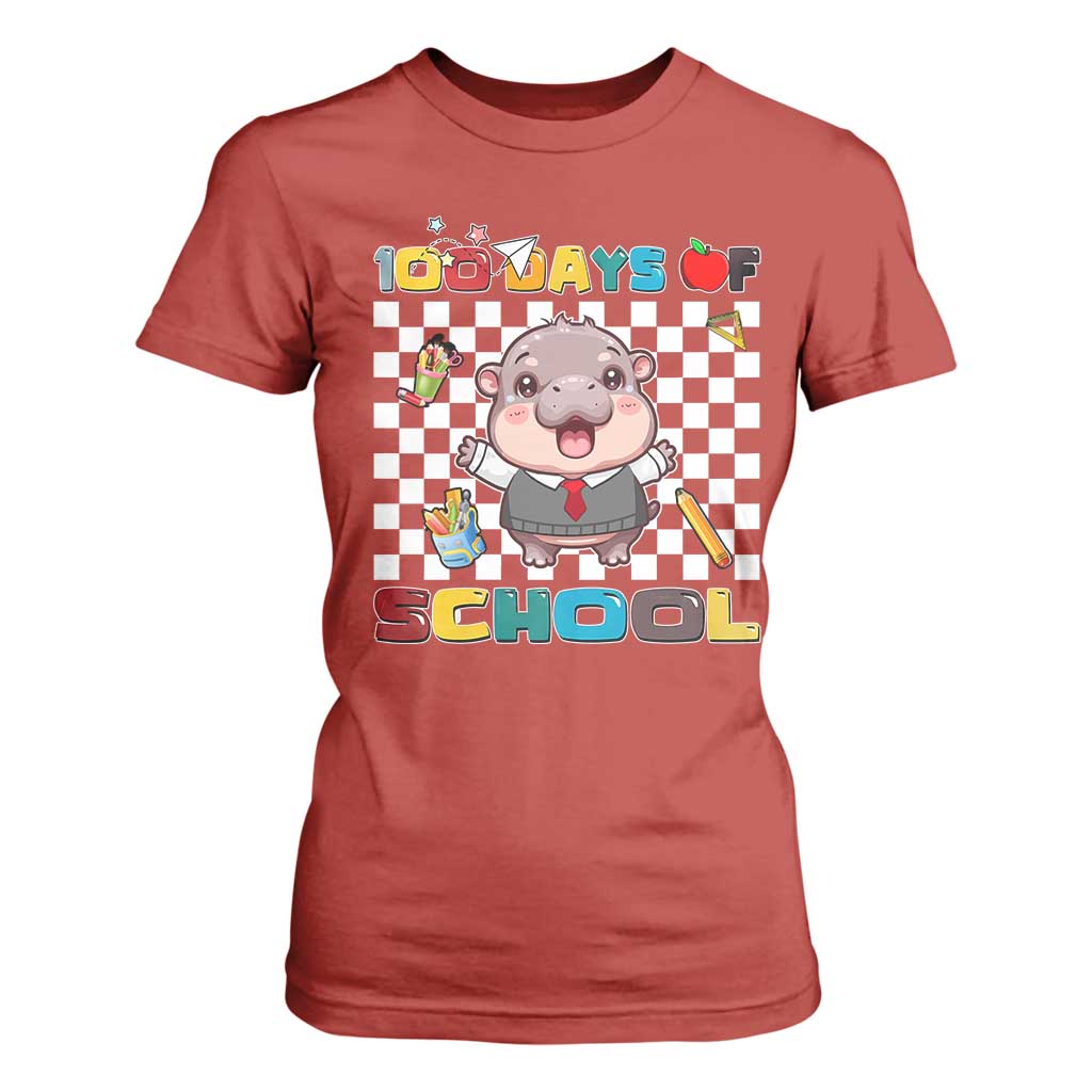 Moo Deng 100th Day Of School T Shirt For Women Cute Baby Hippo 100 Days TS09 Red Print Your Wear