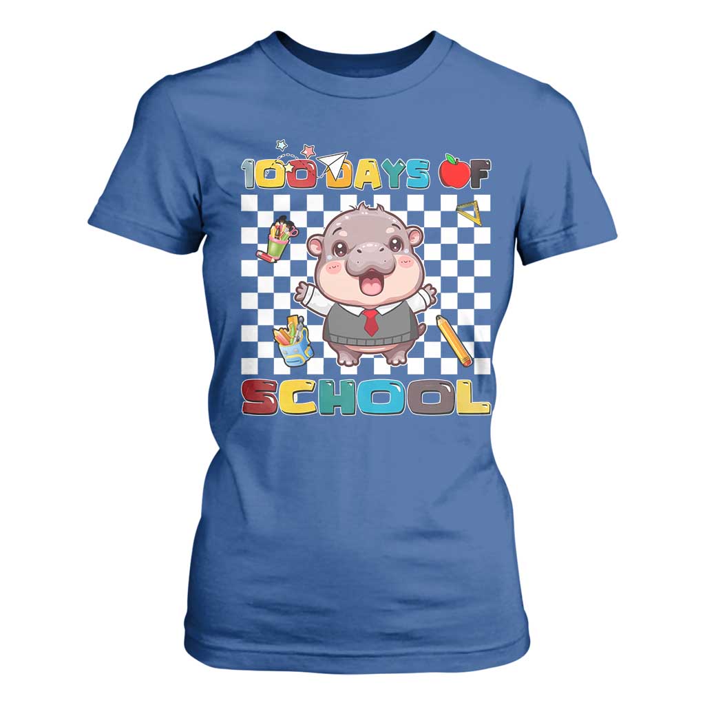 Moo Deng 100th Day Of School T Shirt For Women Cute Baby Hippo 100 Days TS09 Royal Blue Print Your Wear