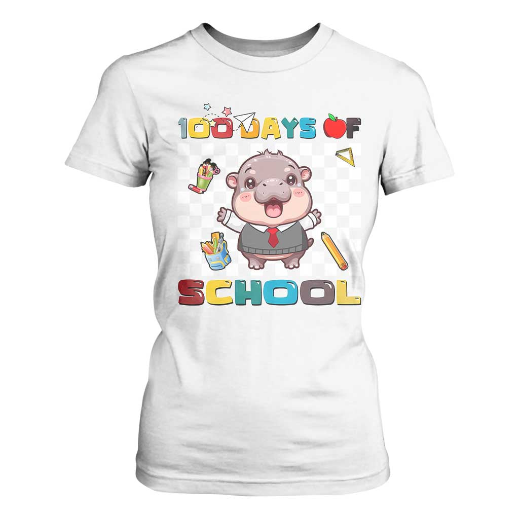 Moo Deng 100th Day Of School T Shirt For Women Cute Baby Hippo 100 Days TS09 White Print Your Wear