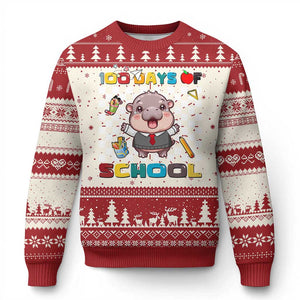 Moo Deng 100th Day Of School Ugly Christmas Sweater Cute Baby Hippo 100 Days TS09 Red Print Your Wear