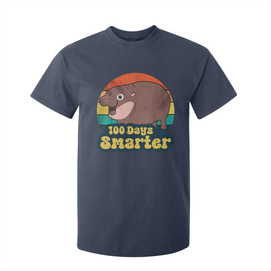 100th Day Of School T Shirt For Kid Moo Deng 100 Days Smarter Retro Baby Hippo TS09 Navy Print Your Wear