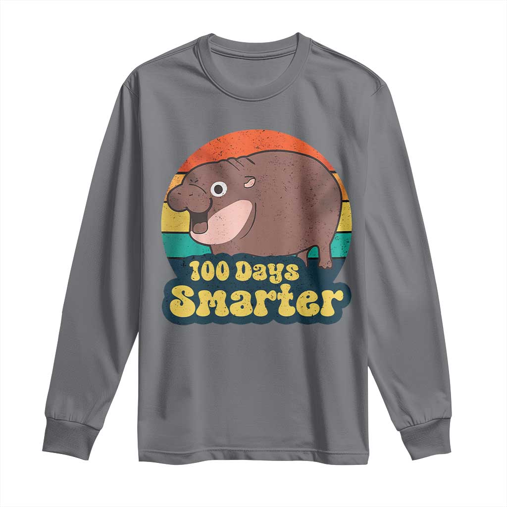 100th Day Of School Long Sleeve Shirt Moo Deng 100 Days Smarter Retro Baby Hippo TS09 Charcoal Print Your Wear