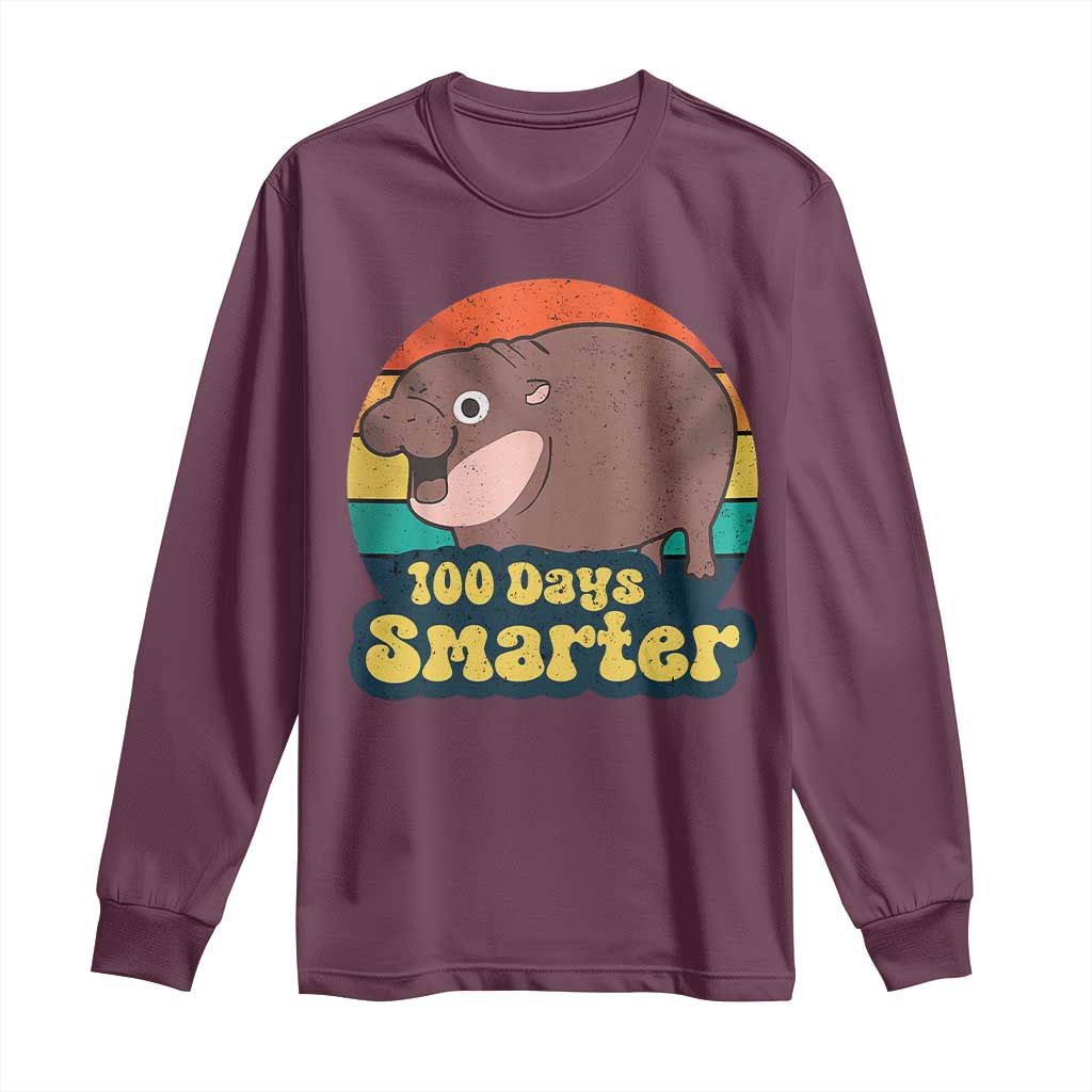 100th Day Of School Long Sleeve Shirt Moo Deng 100 Days Smarter Retro Baby Hippo TS09 Maroon Print Your Wear