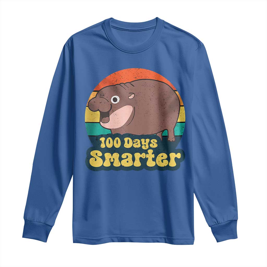 100th Day Of School Long Sleeve Shirt Moo Deng 100 Days Smarter Retro Baby Hippo TS09 Royal Blue Print Your Wear