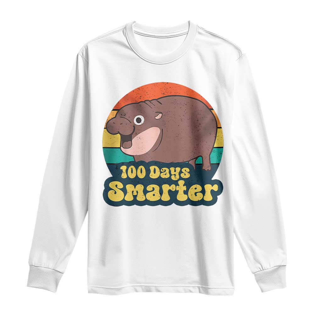 100th Day Of School Long Sleeve Shirt Moo Deng 100 Days Smarter Retro Baby Hippo TS09 White Print Your Wear
