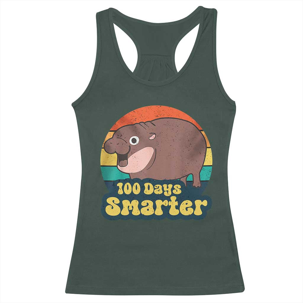 100th Day Of School Racerback Tank Top Moo Deng 100 Days Smarter Retro Baby Hippo TS09 Dark Forest Green Print Your Wear