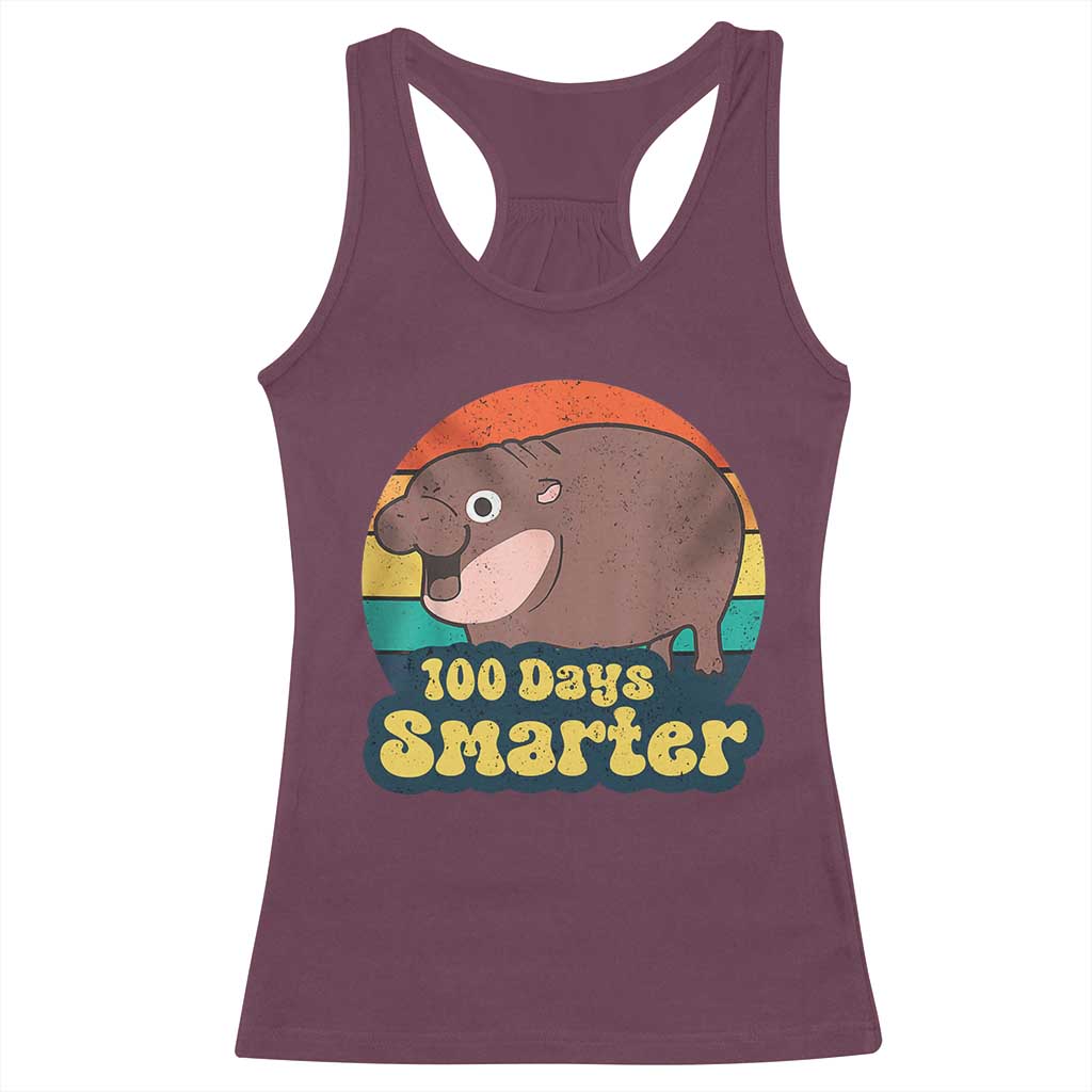 100th Day Of School Racerback Tank Top Moo Deng 100 Days Smarter Retro Baby Hippo TS09 Maroon Print Your Wear