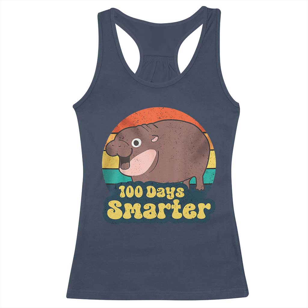 100th Day Of School Racerback Tank Top Moo Deng 100 Days Smarter Retro Baby Hippo TS09 Navy Print Your Wear