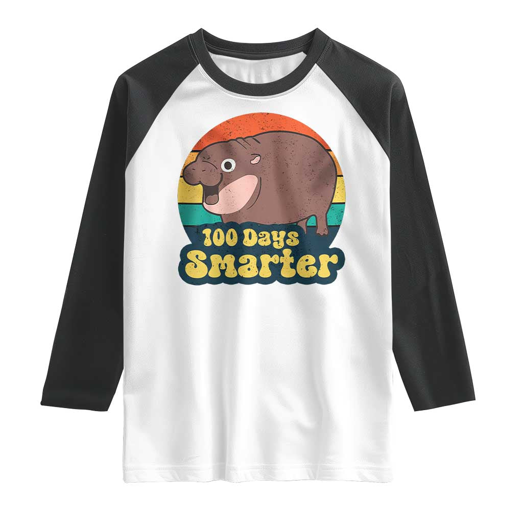 100th Day Of School Raglan Shirt Moo Deng 100 Days Smarter Retro Baby Hippo TS09 White Black Print Your Wear