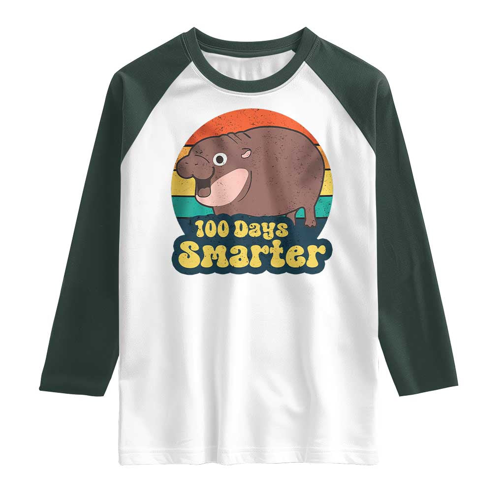 100th Day Of School Raglan Shirt Moo Deng 100 Days Smarter Retro Baby Hippo TS09 White Dark Forest Green Print Your Wear