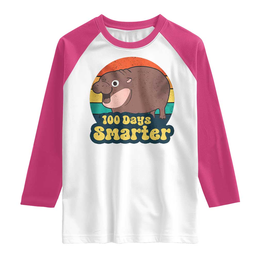 100th Day Of School Raglan Shirt Moo Deng 100 Days Smarter Retro Baby Hippo TS09 White Heliconia Print Your Wear