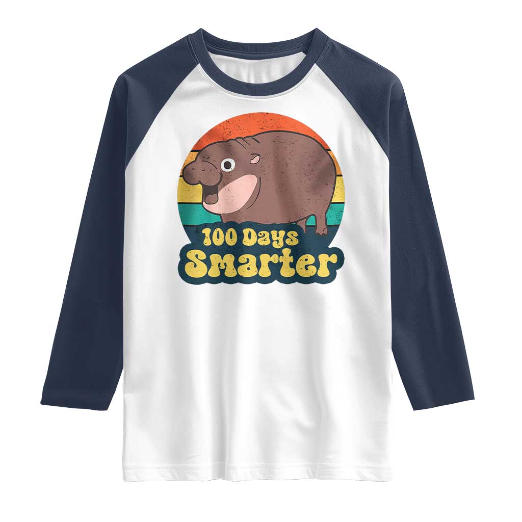 100th Day Of School Raglan Shirt Moo Deng 100 Days Smarter Retro Baby Hippo TS09 White Navy Print Your Wear