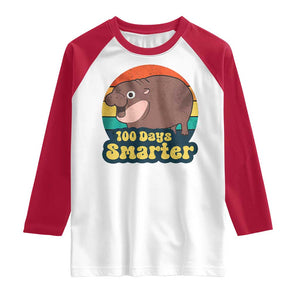100th Day Of School Raglan Shirt Moo Deng 100 Days Smarter Retro Baby Hippo TS09 White Red Print Your Wear