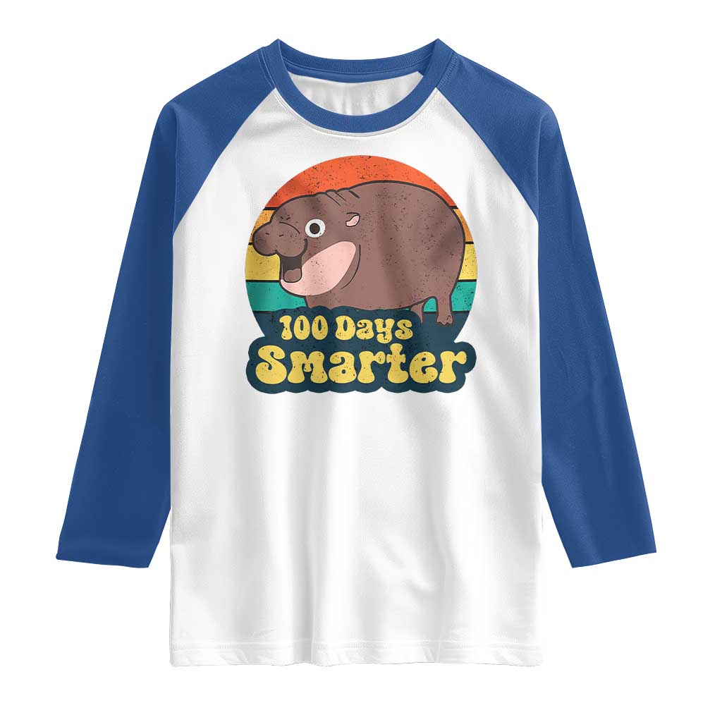 100th Day Of School Raglan Shirt Moo Deng 100 Days Smarter Retro Baby Hippo TS09 White Royal Print Your Wear