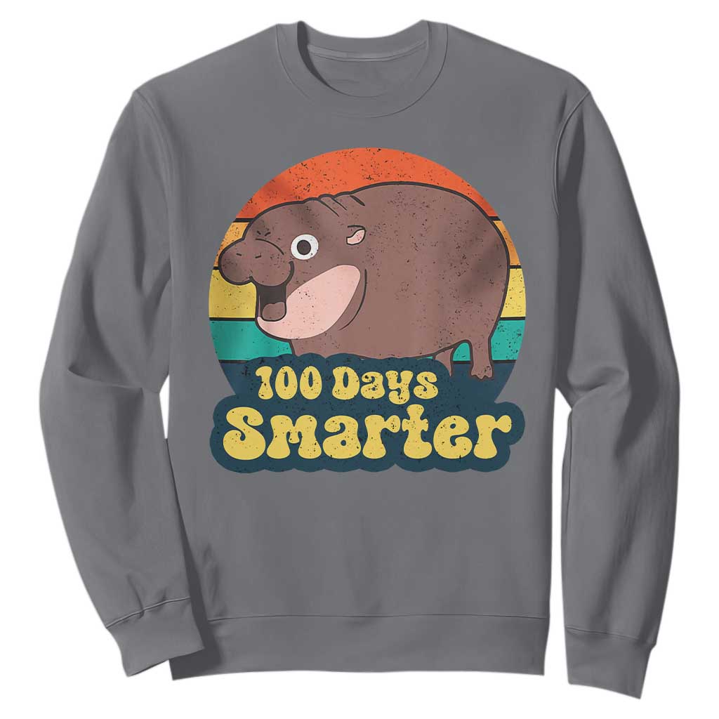 100th Day Of School Sweatshirt Moo Deng 100 Days Smarter Retro Baby Hippo TS09 Charcoal Print Your Wear