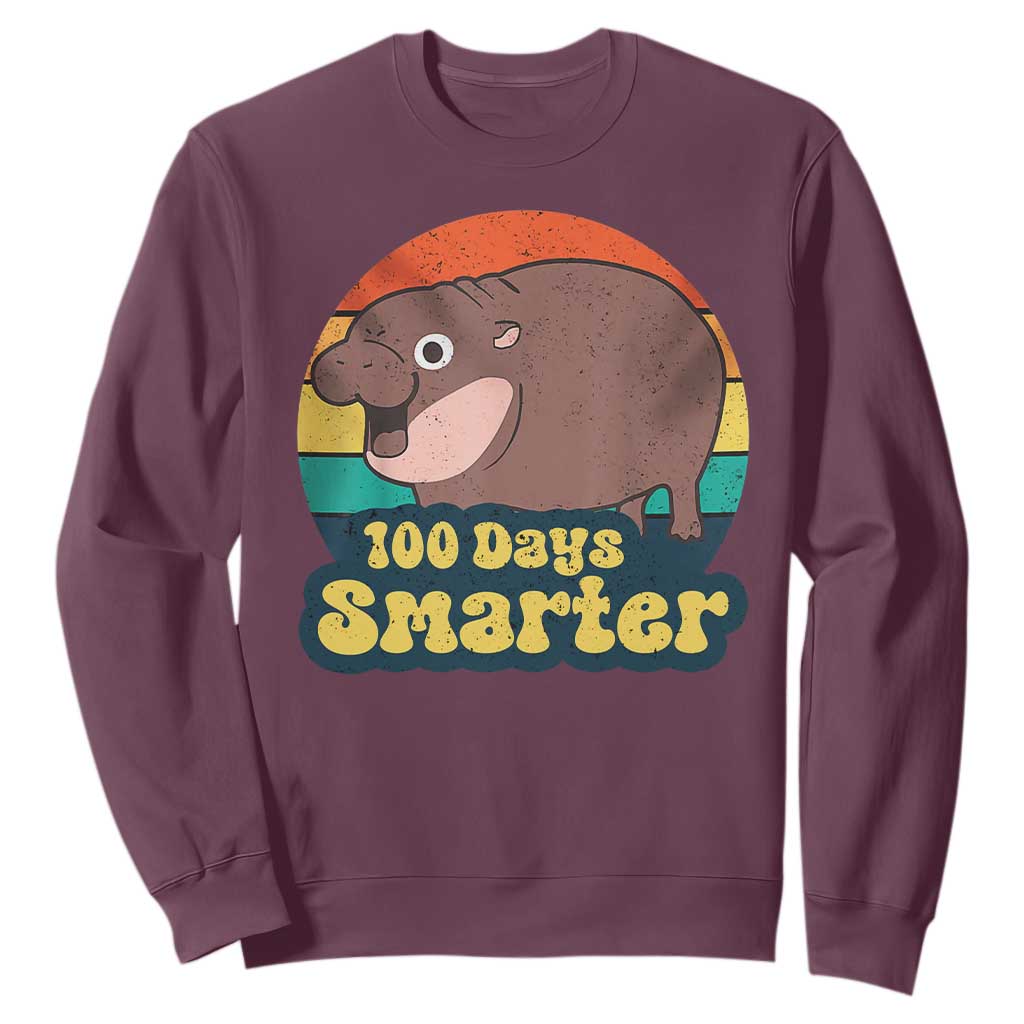 100th Day Of School Sweatshirt Moo Deng 100 Days Smarter Retro Baby Hippo TS09 Maroon Print Your Wear