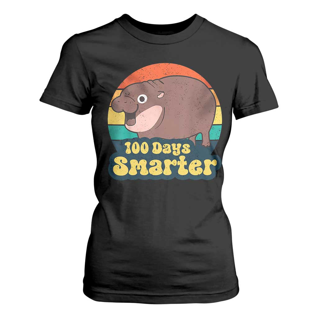 100th Day Of School T Shirt For Women Moo Deng 100 Days Smarter Retro Baby Hippo TS09 Black Print Your Wear