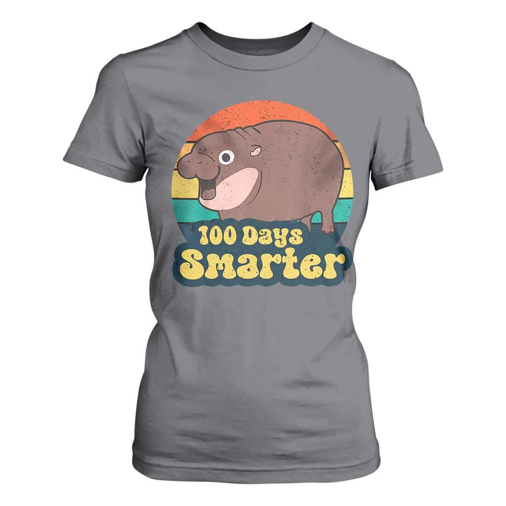 100th Day Of School T Shirt For Women Moo Deng 100 Days Smarter Retro Baby Hippo TS09 Charcoal Print Your Wear