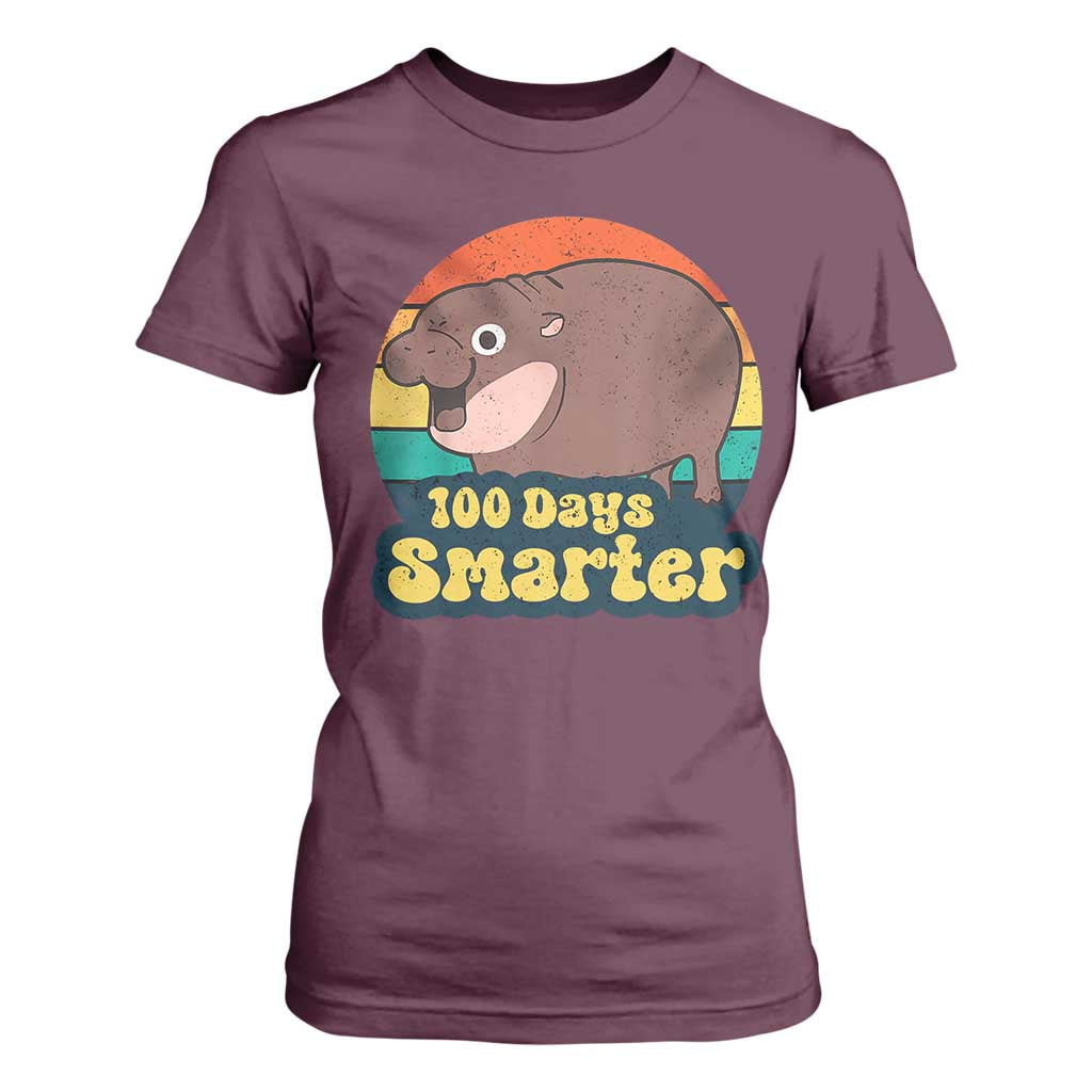 100th Day Of School T Shirt For Women Moo Deng 100 Days Smarter Retro Baby Hippo TS09 Maroon Print Your Wear