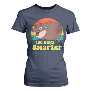 100th Day Of School T Shirt For Women Moo Deng 100 Days Smarter Retro Baby Hippo TS09 Navy Print Your Wear