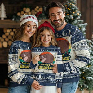 100th Day Of School Ugly Christmas Sweater Moo Deng 100 Days Smarter Retro Baby Hippo TS09 Navy Print Your Wear