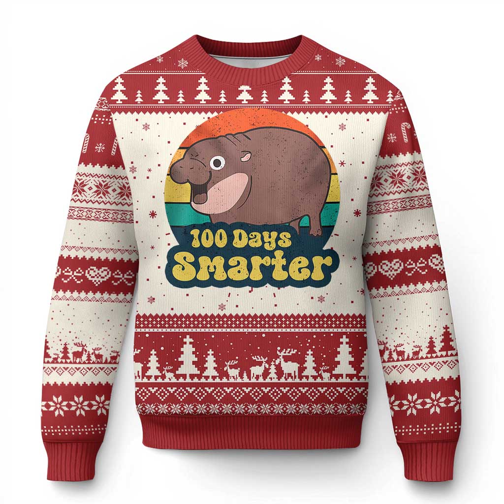 100th Day Of School Ugly Christmas Sweater Moo Deng 100 Days Smarter Retro Baby Hippo TS09 Red Print Your Wear