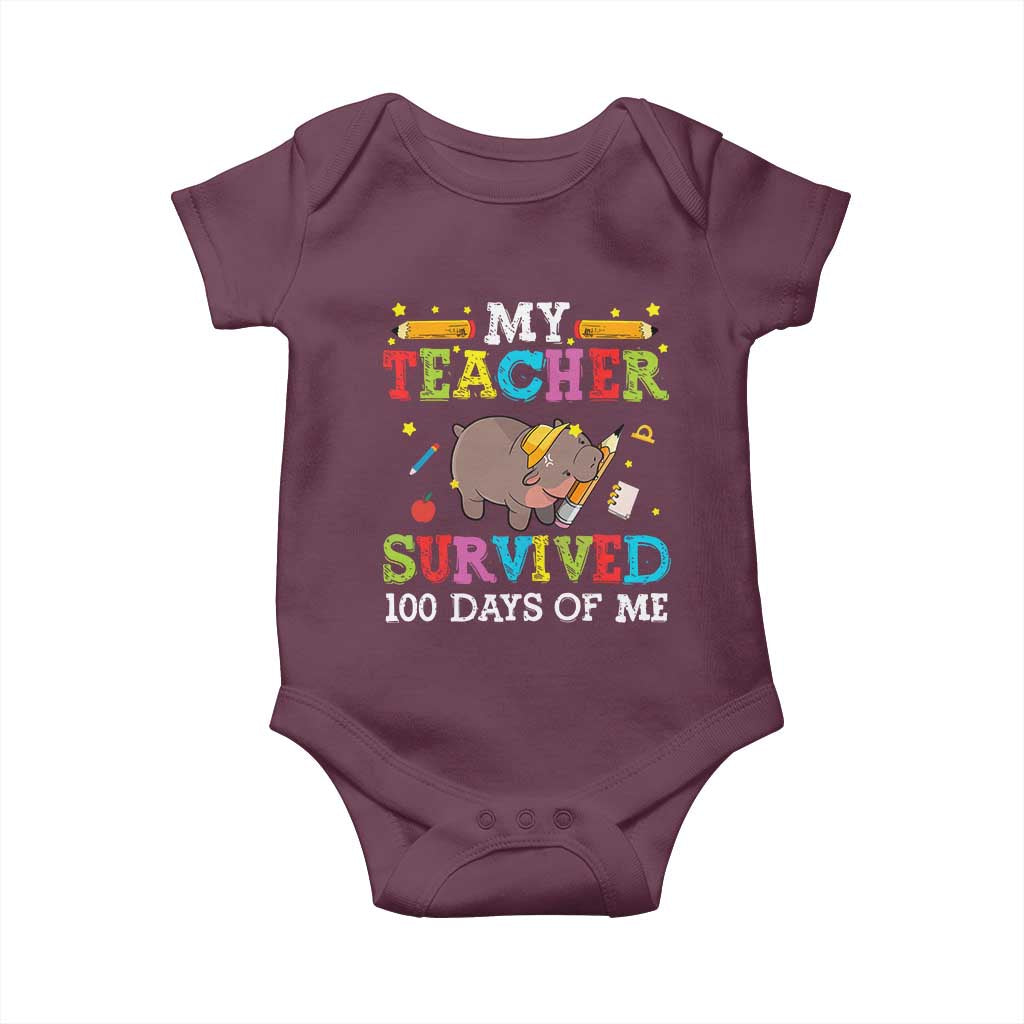 Funny Moo Deng 100th Day Of School Baby Onesie My Teacher Survived 100 Days Of Me TS09 Maroon Print Your Wear