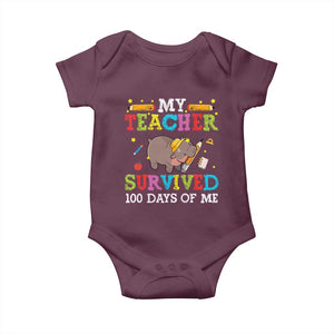 Funny Moo Deng 100th Day Of School Baby Onesie My Teacher Survived 100 Days Of Me TS09 Maroon Print Your Wear