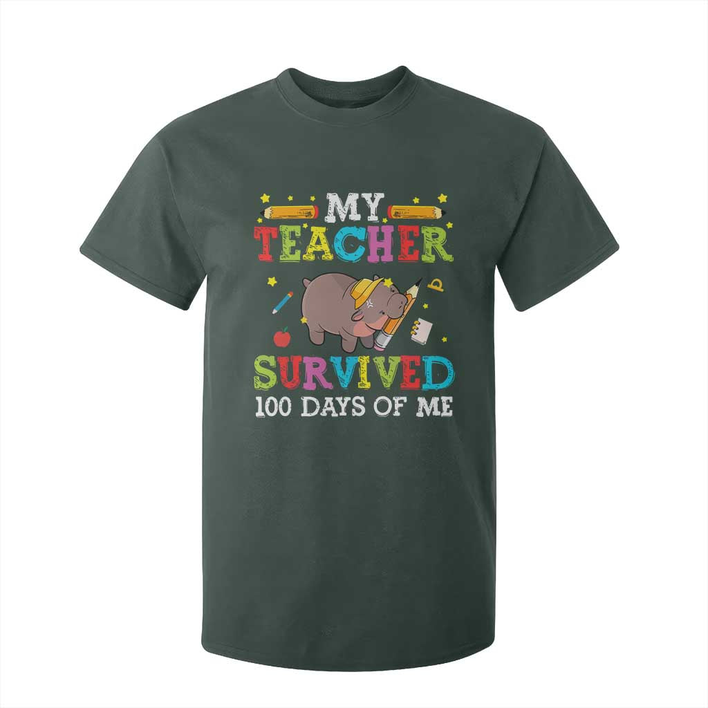 Funny Moo Deng 100th Day Of School T Shirt For Kid My Teacher Survived 100 Days Of Me TS09 Dark Forest Green Print Your Wear