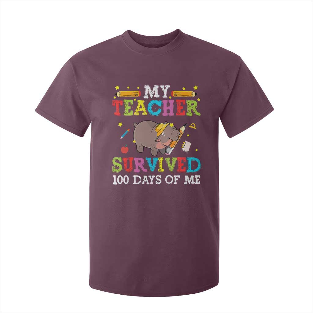Funny Moo Deng 100th Day Of School T Shirt For Kid My Teacher Survived 100 Days Of Me TS09 Maroon Print Your Wear