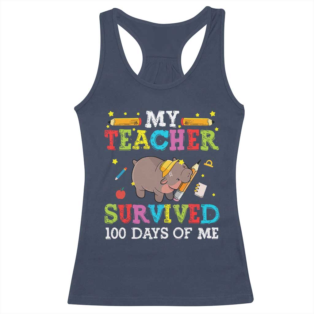Funny Moo Deng 100th Day Of School Racerback Tank Top My Teacher Survived 100 Days Of Me TS09 Navy Print Your Wear