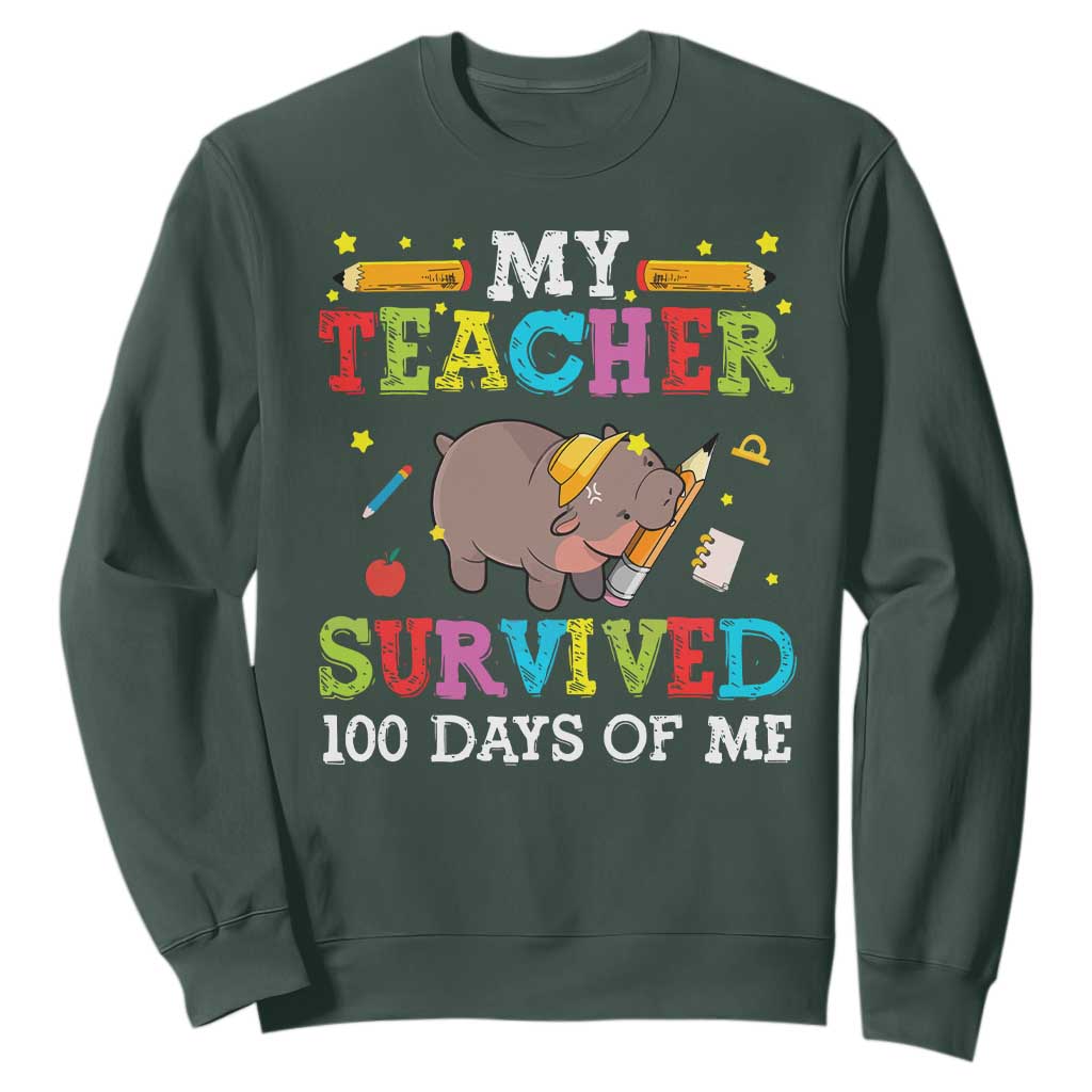 Funny Moo Deng 100th Day Of School Sweatshirt My Teacher Survived 100 Days Of Me TS09 Dark Forest Green Print Your Wear
